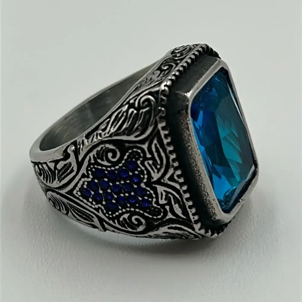 Ocean Blue Cubic Zirconia Handmade Men's Ring Size 11 NWT